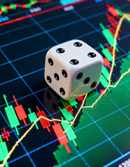 Dice on a digital chart that represents the risk of a volatile stock market.