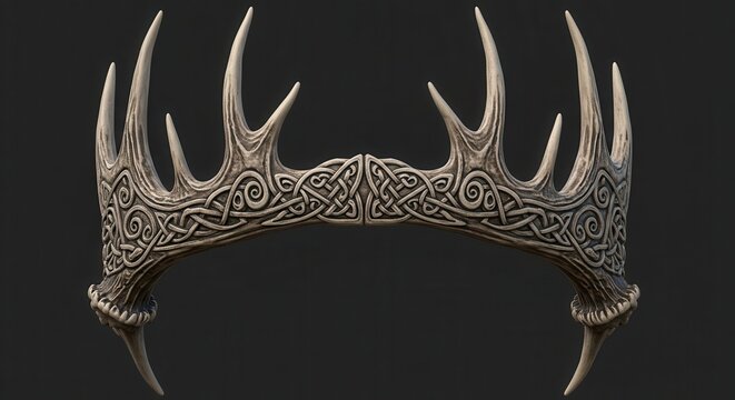 Highly detailed ceremonial headpiece crafted from carved bone or antler displays intricate knotwork patterns