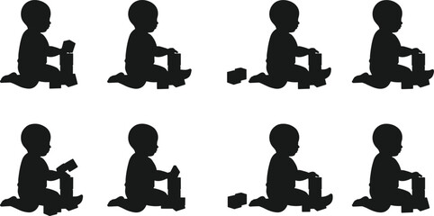 Child silhouette playing with blocks, sitting, stacking, learning, toddler development, motor skills, preschool activity, isolated, black, white, vector illustration