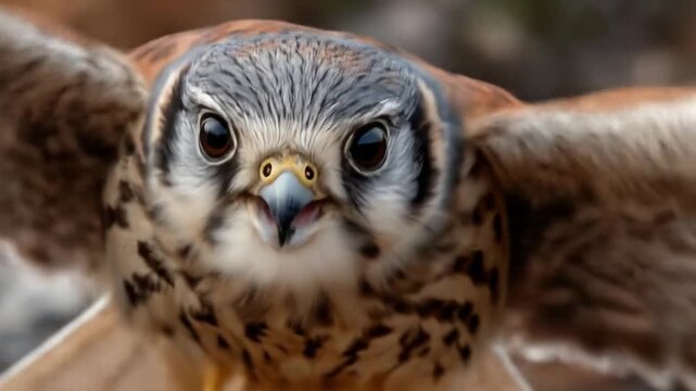 Close up of a kestrel in flight with spread wings against a blurred background