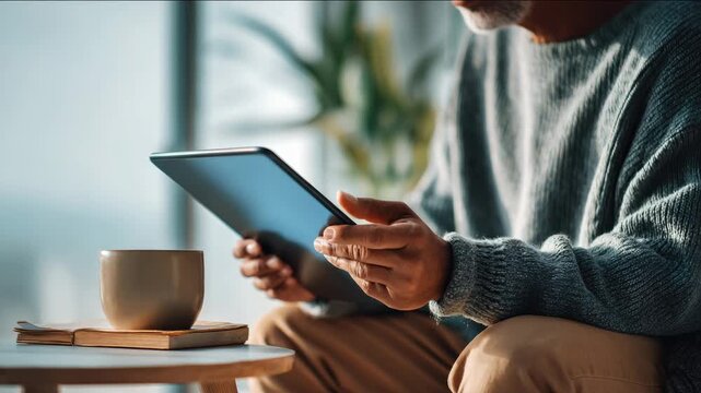 Best Tablets for Note-Taking and Reading. Person reading a digital text on tablet with coffee in cozy living room setting on a quiet day, educational concept