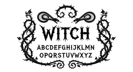 Witch alphabet font with snakes and thorns, gothic style, black and white illustration