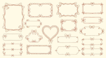 Collection of decorative handdrawn frames and borders with bows and ribbons in a vintage style, perfect for invitations and scrapbooking