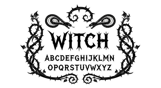 Witch alphabet font with snakes and thorns, gothic style, black and white illustration