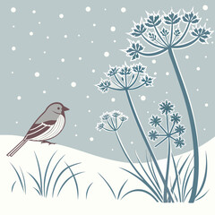 A bird perched on a snowy hill during a winter snowfall