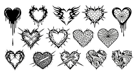 A set of gothic and edgy heart designs, including thorny, dripping, and tribal styles, perfect for dark romance or alternative themes
