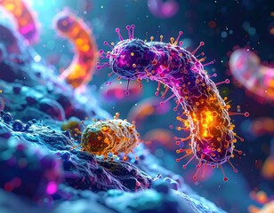 Microscopic view of colorful, elongated cells with spiky protrusions against a textured blue and purple backdrop, illuminated with radiant light