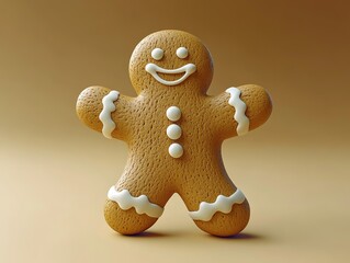 Smiling waving gingerbread man 3D character, clay material solid color gradient background, C4D style fine rendering 2K resolution for holiday design.