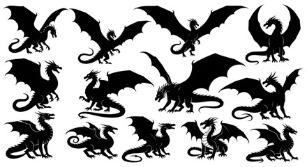 Fototapeta premium Set of Flying and Roaring Dragon Silhouette Designs – Black Mythical Creature Vector Collection for Tattoo, Logo, Fantasy Illustration, and Graphic Design Isolated on White Background