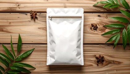 Blank White Pouch Mockup on Wooden Table with Greenery.