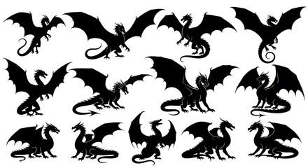 Fototapeta premium Set of Flying and Roaring Dragon Silhouette Designs – Black Mythical Creature Vector Collection for Tattoo, Logo, Fantasy Illustration, and Graphic Design Isolated on White Background