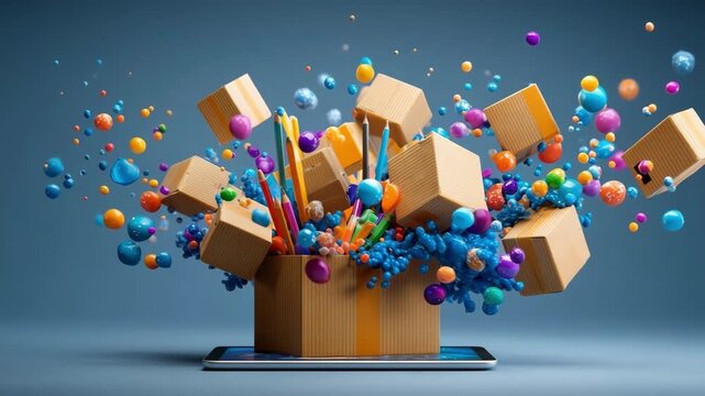 Colorful creative explosion of tools and boxes from digital tablet screen. delivery boxes with school supplies spilling out,, online school supply shopping
