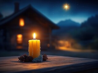 Christmas Eve peaceful mysterious scene: glowing candle on old wooden table with cottage silhouette and bright star against dark blue night sky. Minimalist vector design for holiday cards and social m