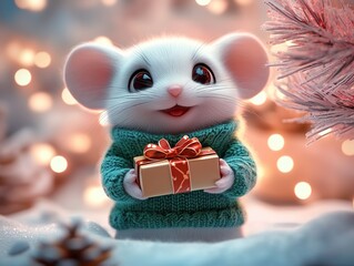 Cute white mouse in green sweater holding gift box, winter background with colorful lights and pastel pink tree, 3D cartoon character design HD rendering cinematic holiday scene.