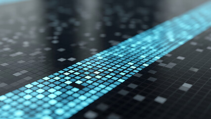 Rotating neon 3D blocks in virtual space visualize organized and structured futuristic database management.