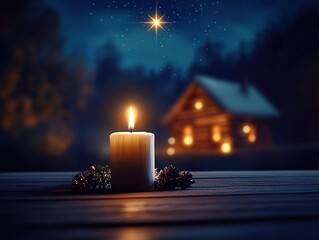 Peaceful and mysterious Christmas Eve scene with a glowing candle on an old wooden table, cottage silhouette and bright star in the background, dark blue night sky atmosphere, ideal for holiday greeti