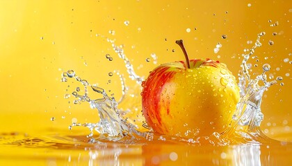 Fresh Apple Splashing in Water on a Vibrant Yellow Background.