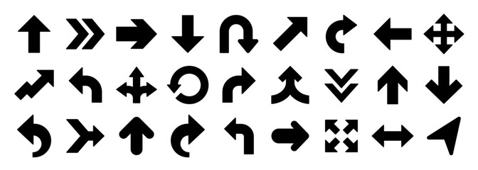 Vector arrow glyph icons of direction, move, pointer, rotate, turn, return, expand, merge, diverge and sign