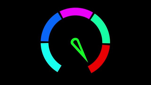Colorful Gauge Meter with Green Needle on animation Black Background dial speed. Abstract concept graphic element of speedometer ,meter gauge level indicator isolated .