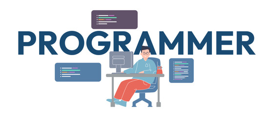 programmer working at computer desk floating snippets of code vector graphic software development web design professional in technology industry