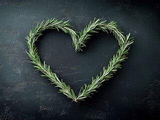 Heart-shaped rosemary branches arrangement on dark background, symbolizing love for food and cooking. Top-down wide-angle view with soft shadows highlighting textures, ideal for mobile wallpaper, culi