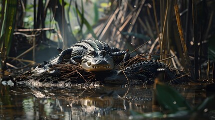 Alligator Head Emerging From Murky Wetland Among Reeds At Sunset