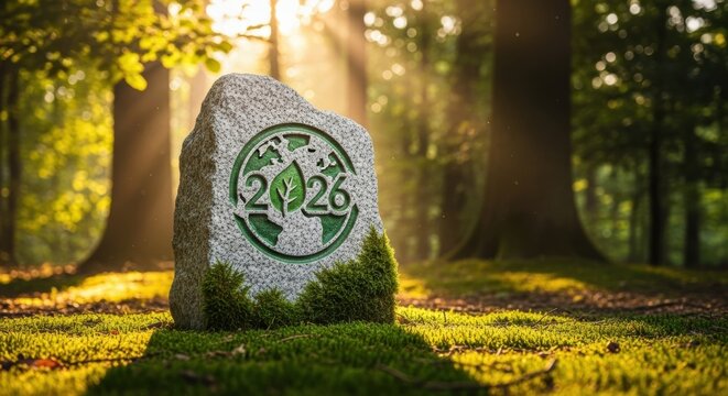 Earth Day 2026 Stone Monument in a Forest, Symbolizing Environmental Goals