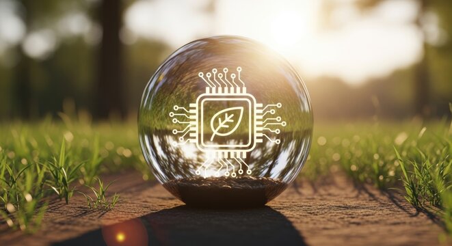Sustainable Technology: A Globe Encapsulating a Leaf Circuit Board on Green Grass