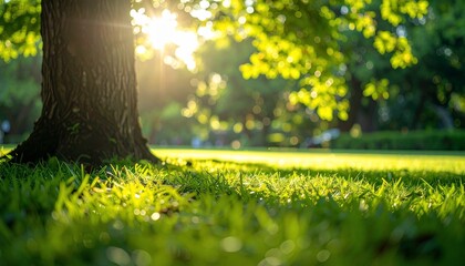 Sunlit Landscape Featuring a Tree and Lush Green Grass with a Breathtaking Bokeh Effect