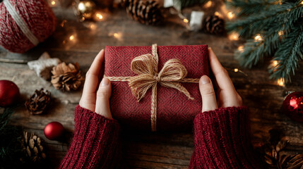 hands hold red gift box on wooden table with Christmas ornament and festive light
