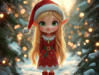 Cute 3D elf girl in red dress and Santa hat standing in snowy forest with twinkling lights, cartoon character for holiday design.