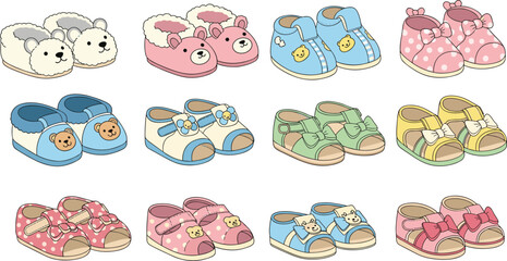 Cute baby shoes collection, pastel infant footwear, toddler fashion design, nursery style, adorable kids accessories, cad drawing