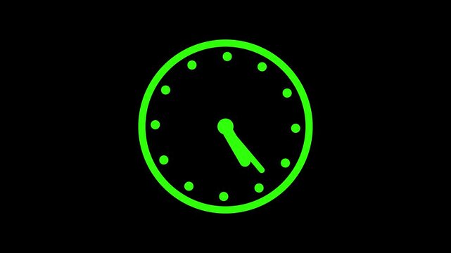 Minimalist green clock with moving hands on black background, animated timekeeping and watch interface. Simple Green Clock Face with Hands on animation Black Background time watch.