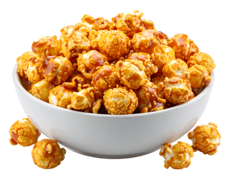 Fresh caramel popcorn in bowl isolated on transparent png - Powered by Adobe