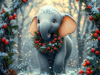 Cute baby elephant wearing Christmas wreath walking in snowy forest, full body 3D cartoon portrait with falling snowflakes and magical atmosphere.