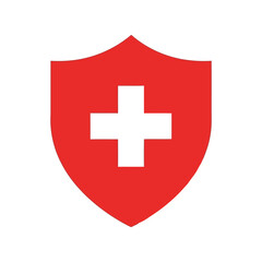 Obraz premium Red shield with white cross medical health protection emblem safety icon healthcare symbol