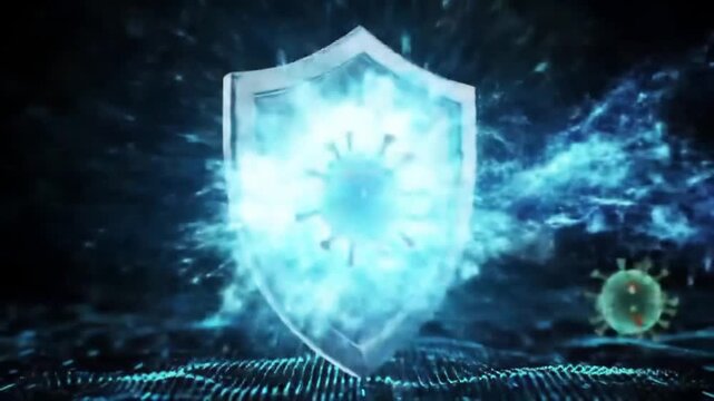 Shield deflects virus particle with blue energy burst