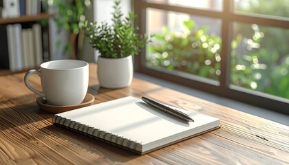 Morning Workspace - Coffee, Notepad, and Greenery by the Window.