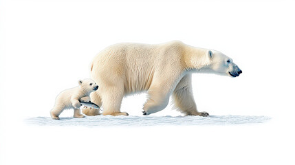 Fototapeta premium Charming polar bear cub confidently follows its protective mother across arctic snow