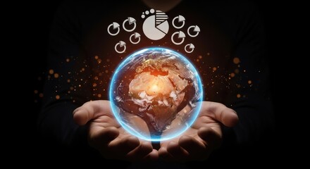 Man hands holding glowing digital earth globe with statistical pie chart and data analysis icons for global market economy concept