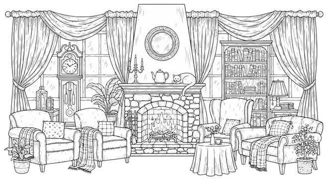 Cozy living room scene with a roaring fireplace, comfortable armchairs, bookshelves, and large windows with draped curtains, creating a warm and inviting atmosphere