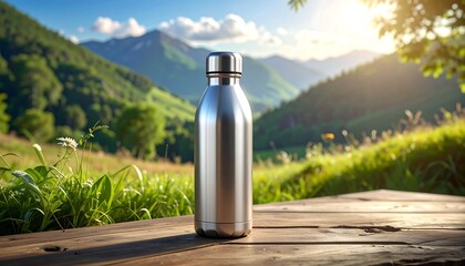 Reusable Water Bottle on Wooden Table with Mountain View.