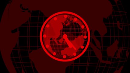 Digital red Earth clock on dark backdrop with faint world map grid, animated global time interface. Red Earth Clock on Dark animation Background with Faint World Map Grid time globe. - Powered by Adobe