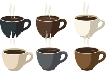 Obraz premium Steaming coffee cups in assorted colors, hot beverage illustration, cozy drink concept, aesthetic mug lineup, cad drawing flat vector illustration