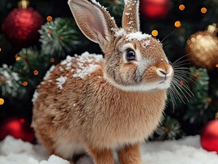 Brown rabbit with snow on fur standing in front of Christmas tree, curious gaze, with red and golden New Year's Eve decorations. Ideal for holiday greeting cards, social media posts, festive designs, 