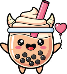 Kawaii Boba Tea Monster Mascot – Cute 2D Cartoon Drink Character on White Background