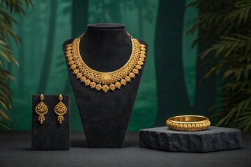 Traditional Gold Indian Necklace Earrings and Bangle Display