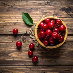 Overhead shot of a wooden bowl filled with bright red, fresh cherries sitting on a rough woven placemat atop a textured wooden surface