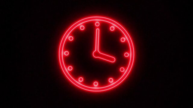 Minimalist red neon clock with moving hands on textured black background, futuristic glowing time animation. Red Neon Clock Face With Hour and Minute Hands On Textured animation Black Background. - Powered by Adobe