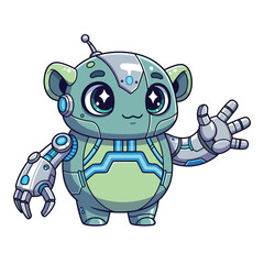 Cyborg Monster Mascot with Digital Speech Bubble – Cute Futuristic 2D Vector Illustration